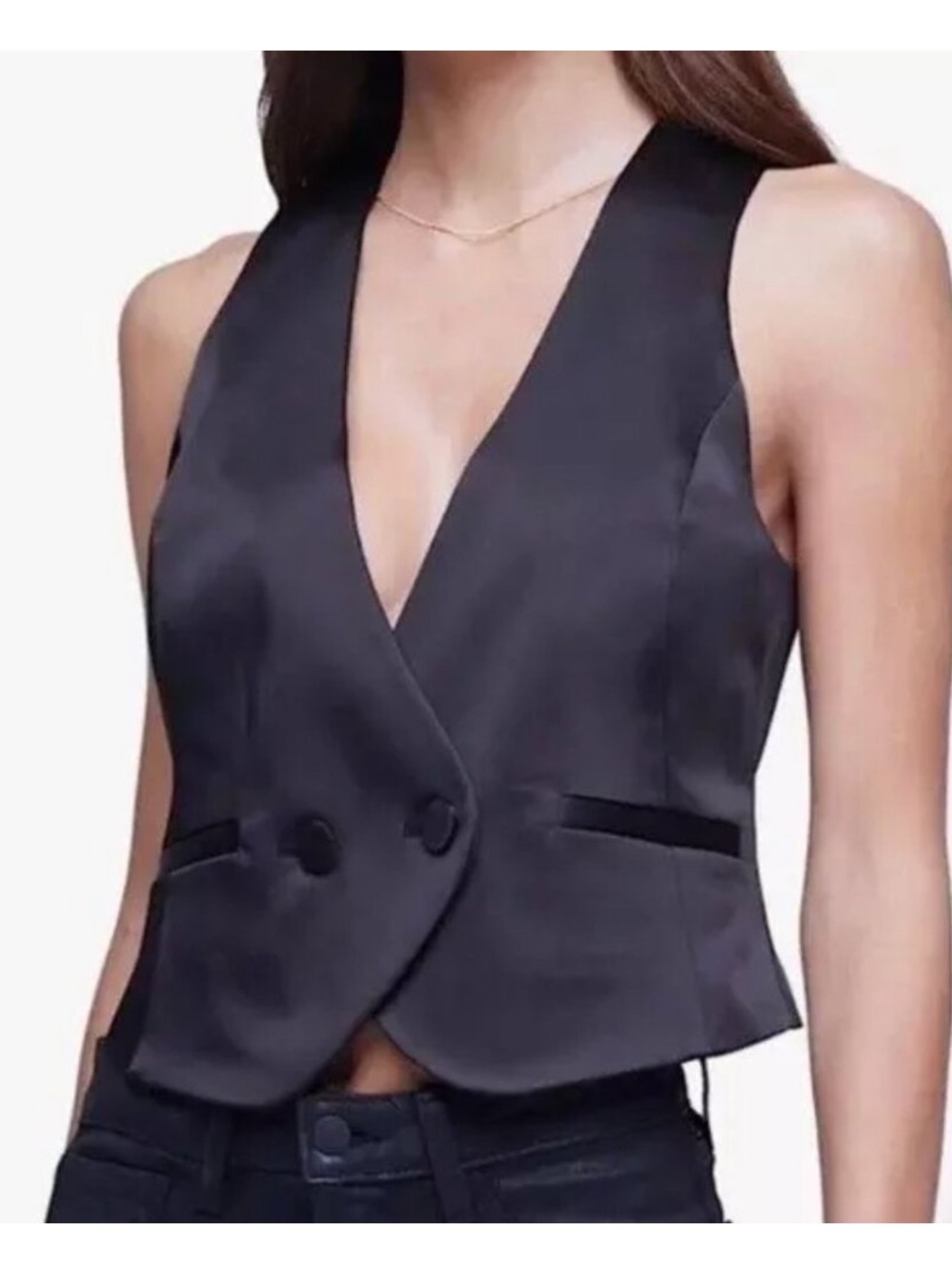 Jason Wu Black Satin Vest Top with Double-Button Front | 10